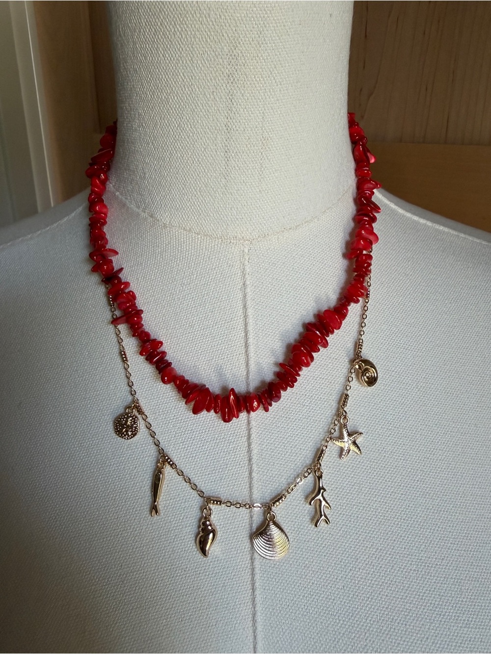 Time and Tru Red Coral Beaded Layered Beach Charm Coastal Necklace